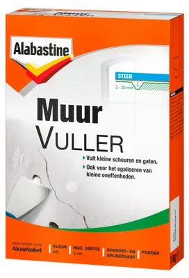 Productafbeelding van Alabastine Muurvuller, Wit, 1 kg, Geschikt voor temperaturen vanaf 5 °C, Droogtijd: 3 uur, Geschikt voor het vullen van gaten dieper dan 2 cm, Aanbrengen in meerdere lagen, Spachtel
