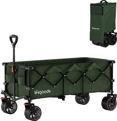 Produktbild von LifeGoods Bollerwagen XXL Faltbar - 300 l Fassungsvermögen - bis 150 kg belastbar - 97 x 123 x 57 cm - Offroad-Räder mit Bremse und Schutzhülle – Camping- und Strandwagen, Grün
