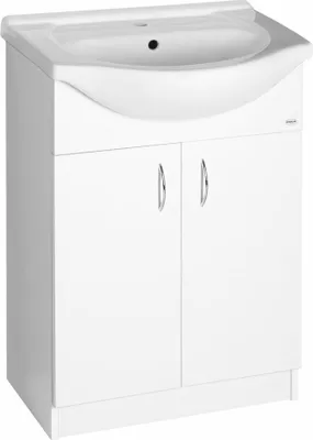 A white bathroom vanity with a sink on top, shown from a front-diagonal angle.