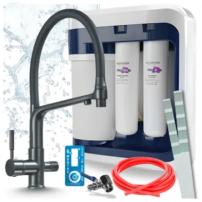 Zdjęcie produktu dla Bateria kuchenna Ari 3-funkcyjna, mosiężna, z możliwością wysuwania, w zestawie z systemem filtracji wody Aquaphor Ro-202S Pro