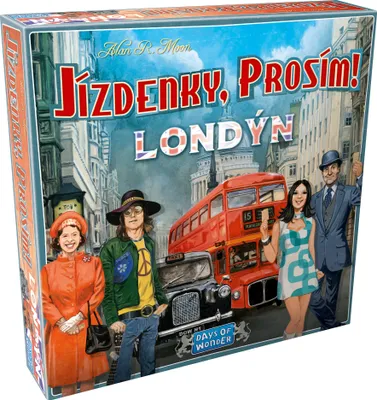 The image shows the front of a board game box depicting a street scene in London with a red double-decker bus, a black taxi, and several people dressed in 1960s-style clothing.
