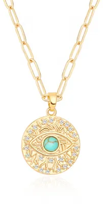Produktbild von Aobei Pearl Evil Eye Medaillon Halskette 18k Gold Paper Clip Kette Münze Anhänge