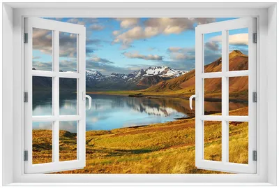 Produktbild von Wallario Premium Glasbild mit Fensterrahmen, freischwebende Optik, kräftige Farben, Größe 60 x 90 cm Motiv Bergpanorama mit Spiegelung im See