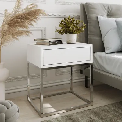 Productafbeelding van AX LIVING Nachtkastje/Commode Aleio, wit, met chroomkleurig metalen frame, 45 cm