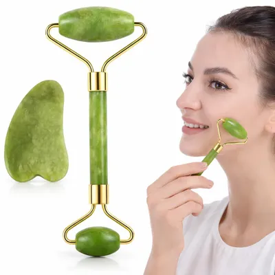 Produktbild von Jade Roller & Gua Sha Set – 100% Echter Jadestein – Gesichtsmassage zur Hautstraffung & Entspannung – Kühlend gegen Augenringe & Schwellungen