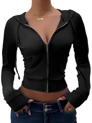 Produktbild von Damen Sweatjacke - Elegante Crop Jacke mit Kapuze - Lange Ärmel - Kurze Hoodie mit Reißverschluss
