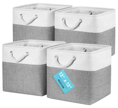 Image de Lot de 4 paniers de rangement gris et blancs avec poignées