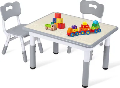 Immagine prodotto di Tavolo per bambini Ikodm con 2 sedie, regolabile in altezza, 80 x 60 cm, effetto legno grigio