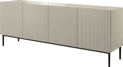 A long, beige sideboard with a fluted front and black metal legs, shown against a white background.