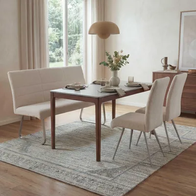 Produktbild von Esszimmer-Set MCW-G55, 2er-Set Stuhl + Sitzbank 180cm, Edelstahl gebürstet Stoff/Textil Chenille  creme