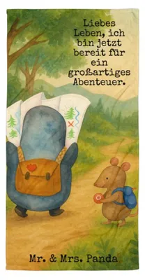Produktbild von Mr. & Mrs. Panda Badehandtuch Pinguin & Maus Wanderer Design - Weiß - Geschenk, Frottee-Handtuch, Wandern, Wanderlust, Duschhandtuch, Handtuch, Strandtuch, Duschtuch
