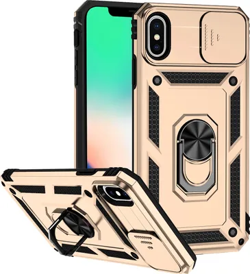 Image de Coque pour iPhone XS / iPhone X double couche avec cache coulissant pour appareil photo et support annulaire Or