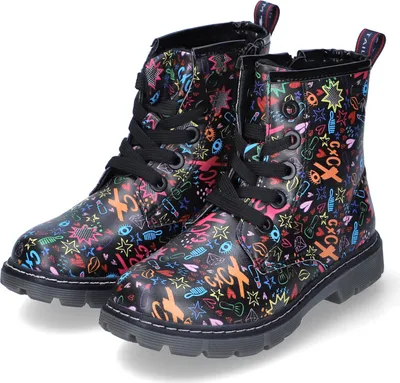 A pair of children's boots with a colorful graffiti-style print.
