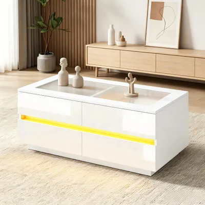 Produktbild von Couchtisch 100x50x40 cm, 100% Spanplatte, Glas, Weiß, mit 4 Schubladen, LED-Beleuchtung und gehärteter Glasplatte