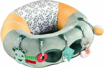 A baby seat with attached toys.