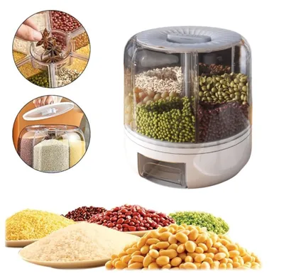 Image de COIL Distributeur de céréales, Organiseur de cuisine, Boîte à provisions, Distributeur d'aliments pour le riz, Nombre de compartiments : 6, Rotation : 360°, Capacité des compartiments : 1/1.5l, Blanc, Grand