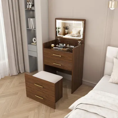 Produktbild von AIORBER 3-in-1 Schminktisch mit aufklappbarem Spiegel, moderner Kosmetiktisch mit Glasplatte & 3 Schubladen, kompakter Frisiertisch inkl. Hocker für Schlafzimmer, Walnuss