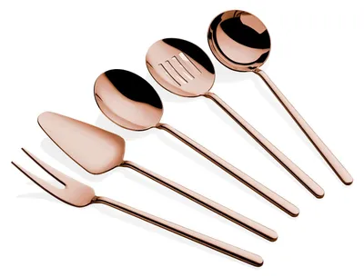 Produktbild von Hermia Concept, Hochwertiges Servierset (5 Teile) aus 100% Edelstahl, Roségold | 4 mm dick | Löffel, Gabel, Schöpflöffel, Sieb & Spatel | Spülmaschinenfest im Schonprogramm, Handwäsche empfohlen.