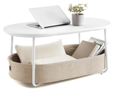 Immagine prodotto di VASAGLE Tavolino ovale, tavolino con vano portaoggetti, tavolino da salotto con cesto in tessuto, moderno, struttura in metallo, bianco opaco-marrone cammello LCT222W10