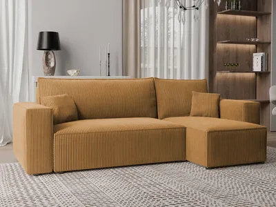 A mustard yellow corduroy sectional sofa is shown in a living room setting.