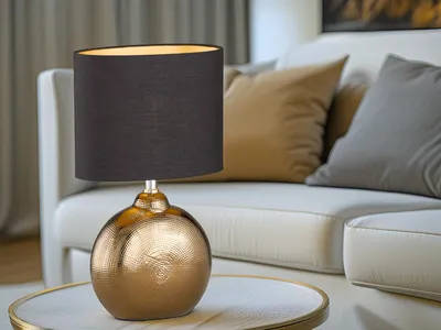Produktbild von LED Tischlampe mit Keramikfuß Bronze Antik & Stoffschirm Schwarz Gold, 39cm hoch