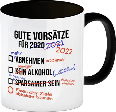 Produktbild von Gute Vorsätze für 2022 Kaffeebecher Schwarz mit lustigem Spruch