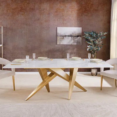 Produktbild von riess-ambiente Design Esstisch ART LIVING 200cm weiß Marmor Keramik Metall brushed champagner gold