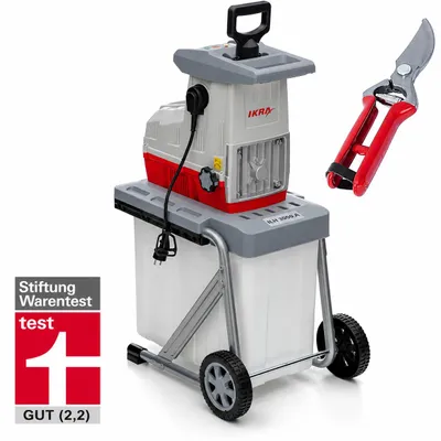 Produktbild von IKRA Elektro Walzenhäcksler Gartenhäcksler| 3000 W | Äste bis 44 mm | automatischer Asteinzug & Rücklauf | inkl. 60 L Fangbox, Stopfer & Gartenschere, KI-generiertes Bild