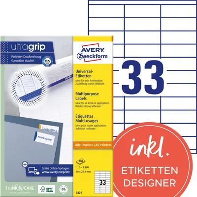 Image de Avery Zweckform 3421 Étiquettes universelles, 70 x 25,4 mm, 100 feuilles/3 300 étiquettes, blanc