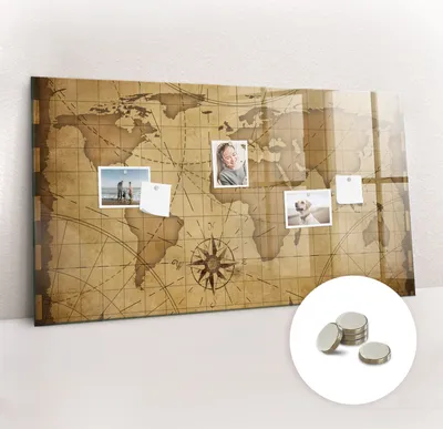 Obrázok produktu pre Magnetická tabuľa na stenu - Memo Tabuľa Sklenená - vrátane 5 magnetov - 120x60 cm - Historická mapa sveta