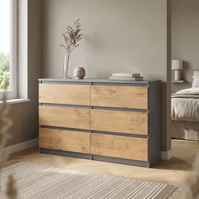 Produktbild von Masseno Kommode NUDO 138,5 cm Sideboard mit 6 Schubladen und  Türen für Wohnzimmer Schlafzimmer Modern 138,5x39x78,5 cm Anthrazit / Eichefarben