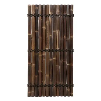 A panel of dark brown bamboo poles bound together with black rope, presented against a white background.