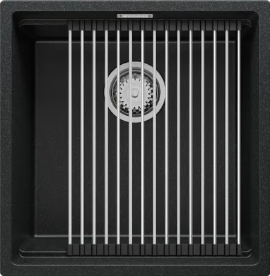 Produktbild von PRIMAGRAN Spülbecken Anthrazit 46x47cm, Granitspüle 1 Becken + Ablauf-Set + Aufrollbare Abtropffläche, Küchenspüle ab 50er Unterschrank - Praga Slim
