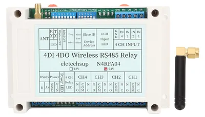 Produktbild von 4-Kanal-Funkrelaismodul 4DI 4DO 433M RS485-Senderempfänger mit Antenne DC 24V