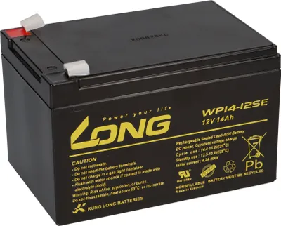 A black rechargeable sealed lead-acid battery with yellow and white labeling.