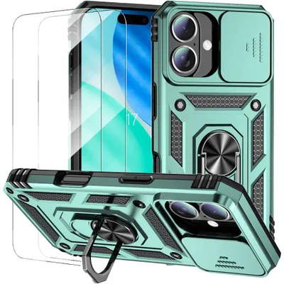 Image de Coque + 2 Verres Trempés pour iPhone 17, Protection Robuste Renforcée avec Cache Caméra - Vert Nuit