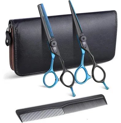 Obrázok produktu pre Sada profesionálnych fúriacich nožníc, 14 cm, z nehrdzavejúcej oceli 440C, modrej farby, s puzdrom na zips