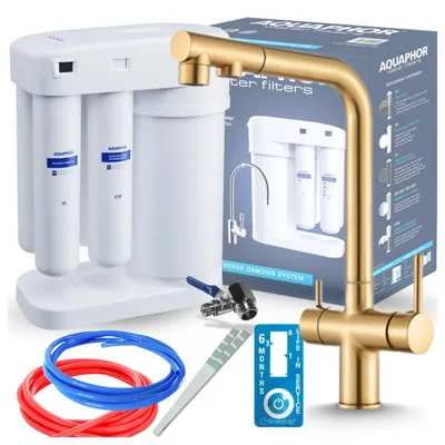 Image de Robinet de cuisine Ari 3 voies, modèle Venom 2, en laiton, avec douchette extractible. Livré avec le système de filtration d'eau Aquaphor Morion 101S