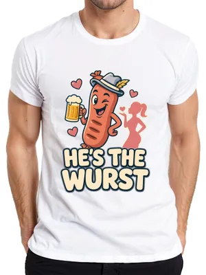 Zdjęcie produktu dla Koszulka męska "Wurst Bratwurst Bier Tracht Lederhose Dirndl", biała, rozmiar XXL