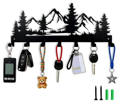 Produktbild von Schlüsselbrett Modern im Bergdesign mit 7 Haken, schwarze Schlüsselleiste für Eingangsbereich, Küche und Schlafzimmer