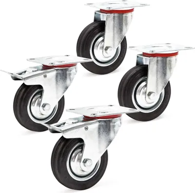 Produktbild von Wiltec Transportrollen Set 100mm 2x Doppelstopp-Lenkrolle und 2x Lenkrolle mit Vollgummirad, 70kg pro Rad