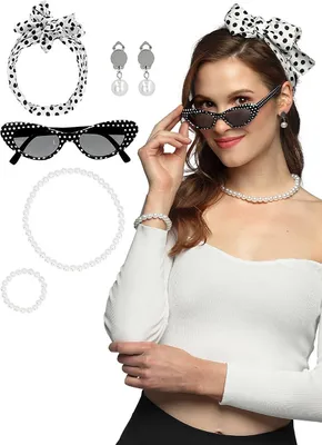 Image de Set femme années 50 écharpe Polka Dot lunettes boucles d'oreilles collier bracelet