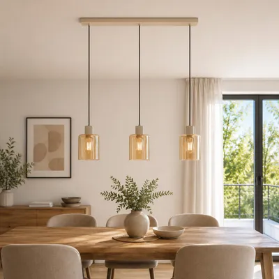 Produktbild von 72 x 12,5 x 120 cm, 3x E27 Fassung, Metall/Glas, beige/bernsteinfarben