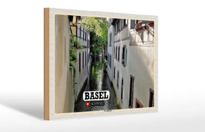 Produktbild von Holzschild Reise Basel Schweiz St. Alban-Tal Gebäude 30x20cm