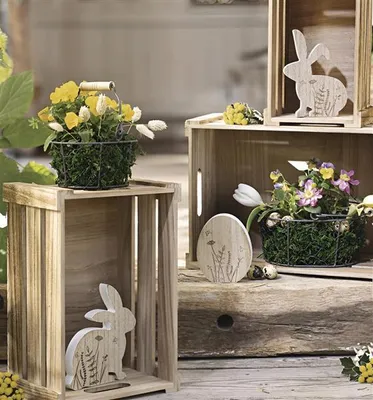 Produktbild von 3er Set Osterdeko "Hasen & Ei" aus MDF mit Wiesen-Motiv, Dekofigur Osterhase + Osterei, Tischdeko