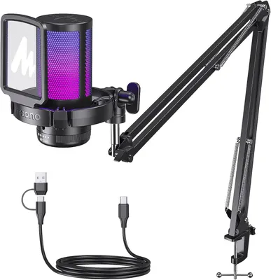 Produktbild von Gaming Mikrofon Schwarz USB für PC, PS4/PS5, Streaming, Podcast, YouTube, Twitch, Discord, Kondensator mit RGB-Licht, Mute, Gain, Überwachung