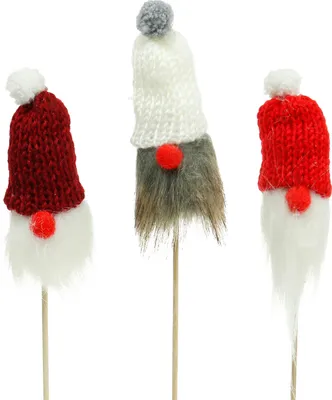 Produktbild von Weihnachtswichtel mit Strickmütze zum Stecken in Rot, Weiß und Grau, Deko-Figuren, 11-13cm, 34-35,5cm Holzstab, 12er Set, 12 Stück