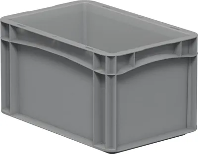 A gray plastic storage box is shown from a slightly elevated angle against a white background.