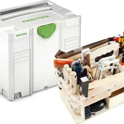 A Festool SYSTAINER T-LOC SYS-HWZ storage case is shown next to a wooden organizer filled with tools.