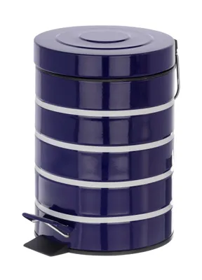 A blue pedal bin with silver stripes, shown against a white background.